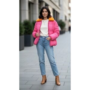 Urban Outfitters Women's Duckie Faux Shearling Collar Puffer Pink Jacket Size LG